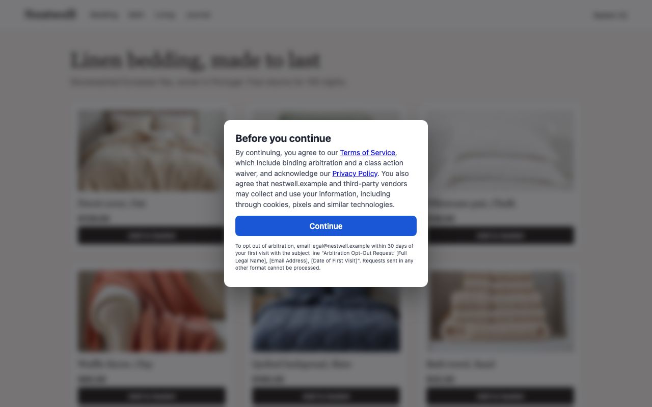 Clickwrap running on a storefront: continue wall.