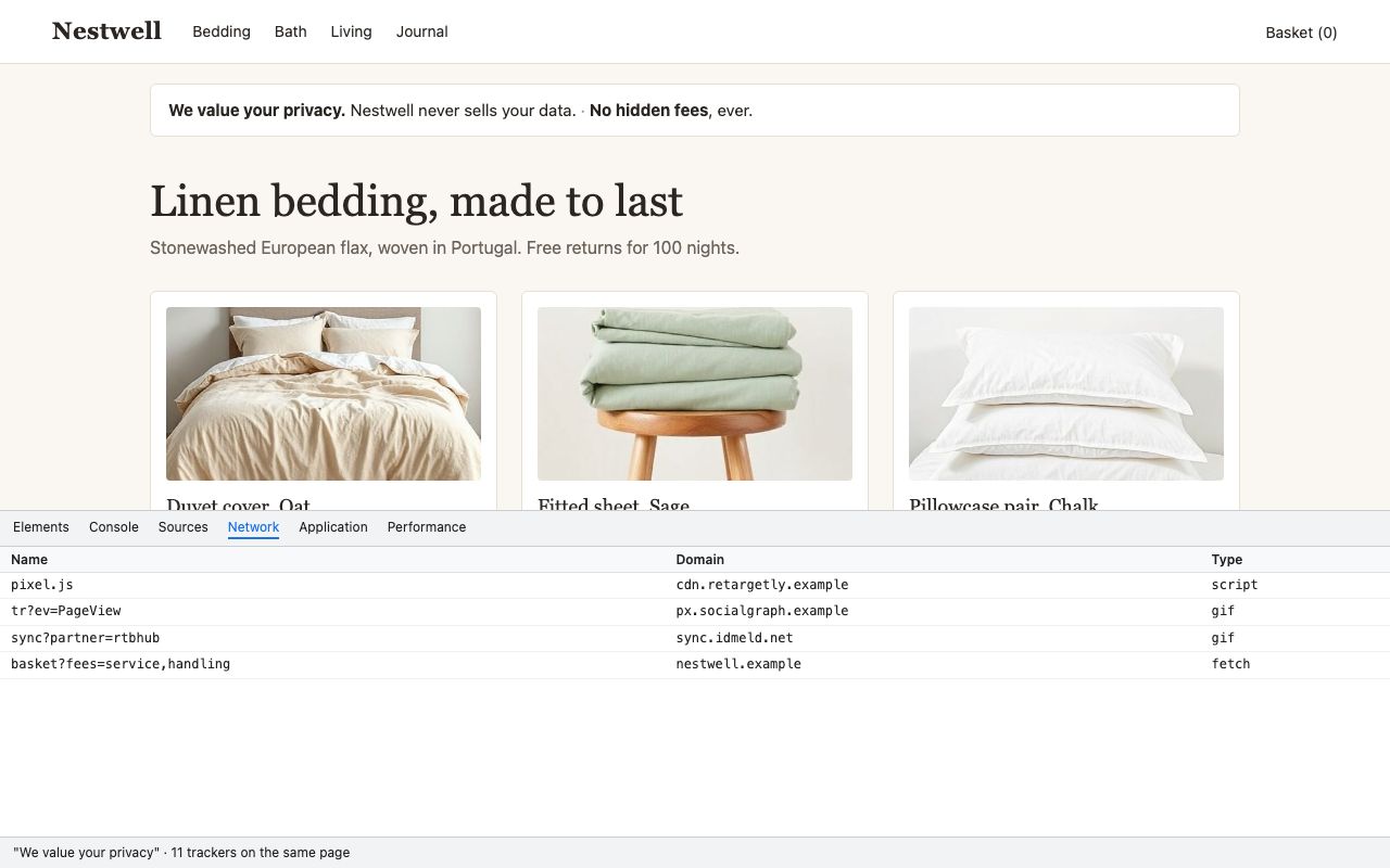 Says one thing, does another: Example page