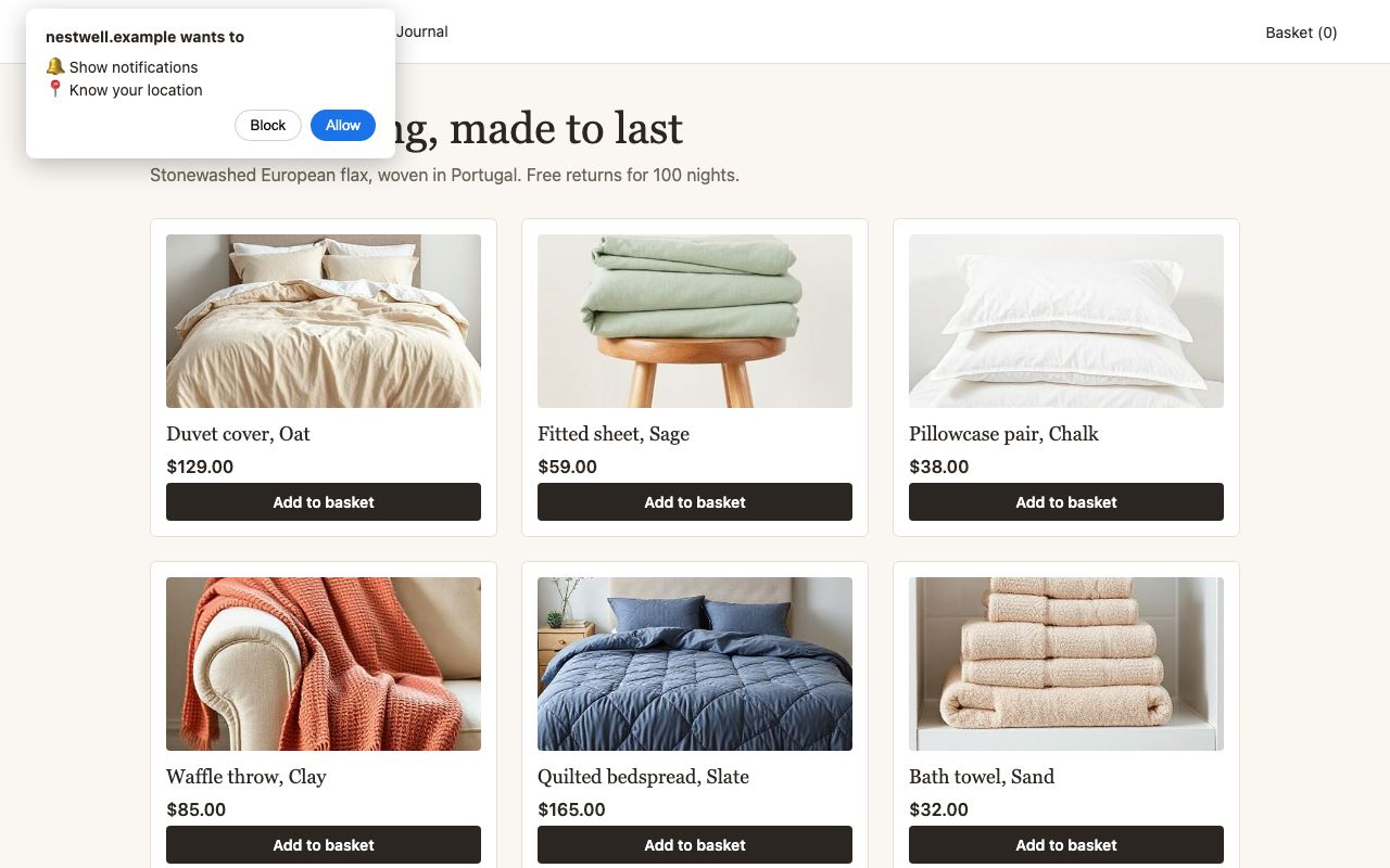 Permission prompts on arrival: Example page