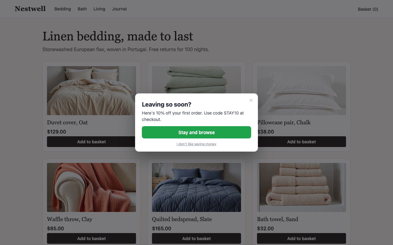 Popups covering content: Exit Intent, from Shitely Engage